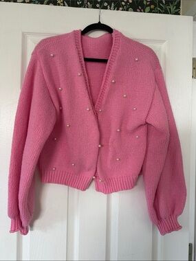Pink Cotton Knitted Jacket with White Pearls